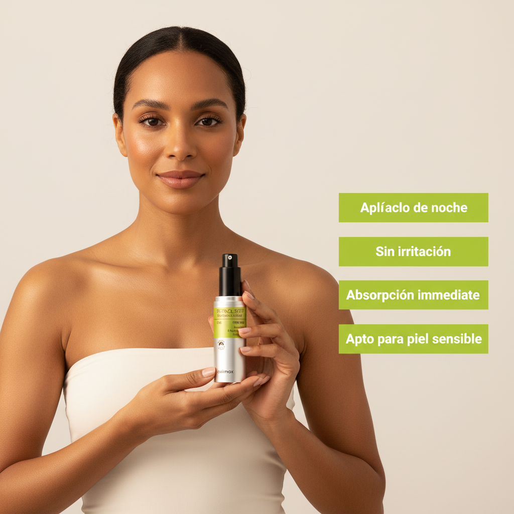 Modelo dominicana sosteniendo Celimax Retinol Shot con instrucciones en fondo verde