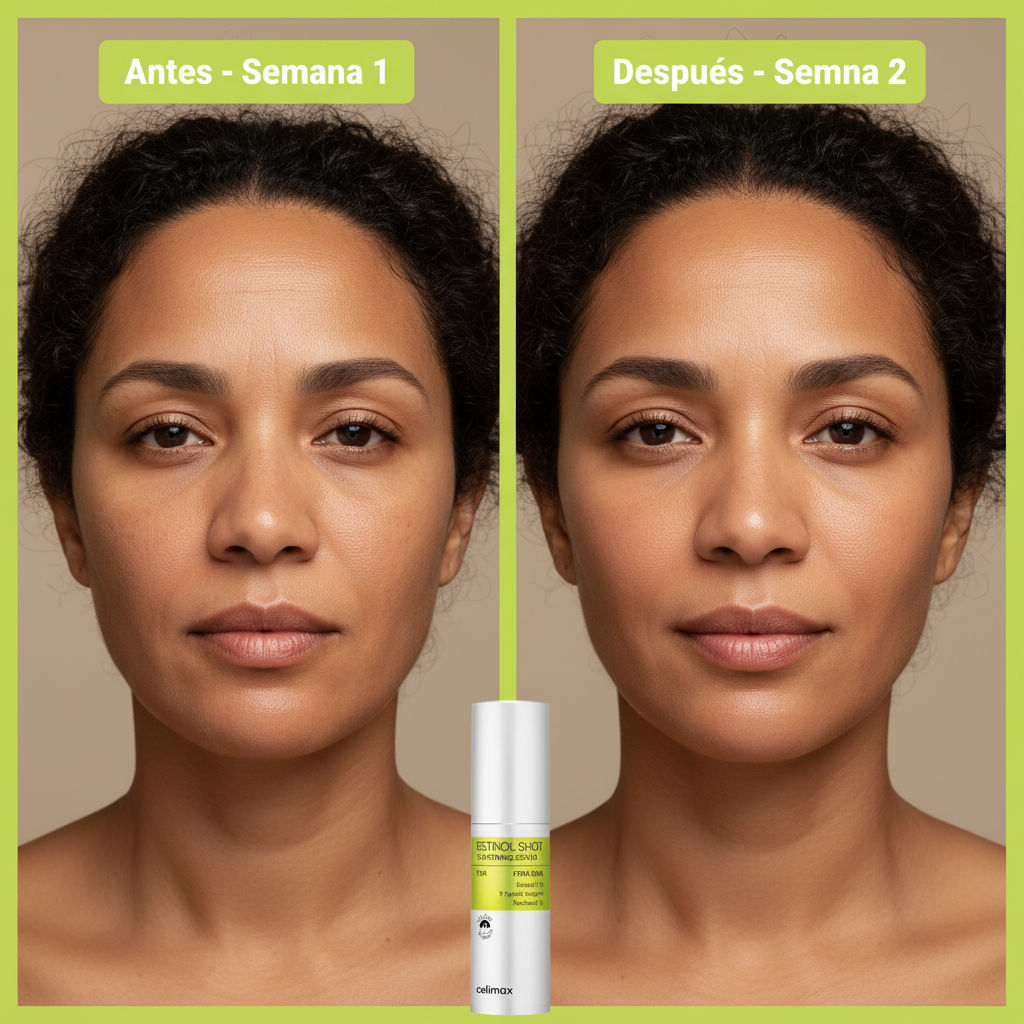 Antes y después realista mujer dominicana con Celimax Retinol Shot semana 1 vs semana 2